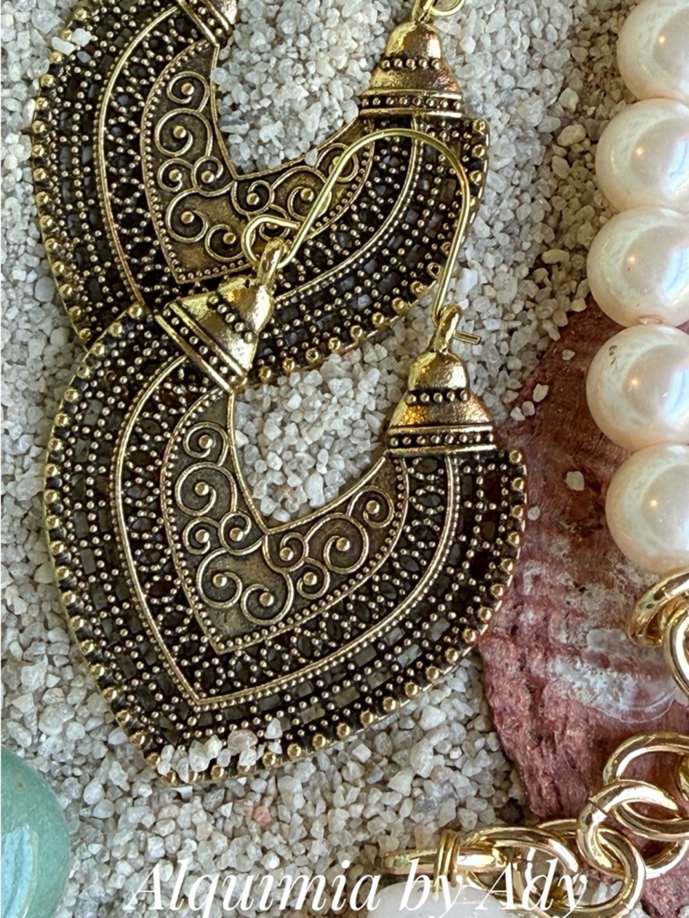 GRANDMA’S HEIRLOOM +Gold and Black Ornate Hoop Earrings